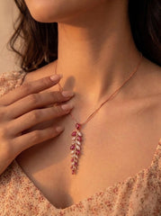 Pink leaf charms silver pendant set for women