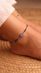 Trendy Silver Black Beads Payal with Evil Eye for Women
