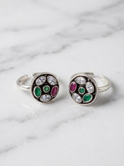 Jade bloom oxidised silver toerings for women