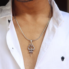 Divine Shiv Trishul & Damroo Pure Silver Pendant with Chain for Mens
