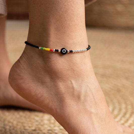 Silver Evil Eye with Black & Multicolor Beads Payal