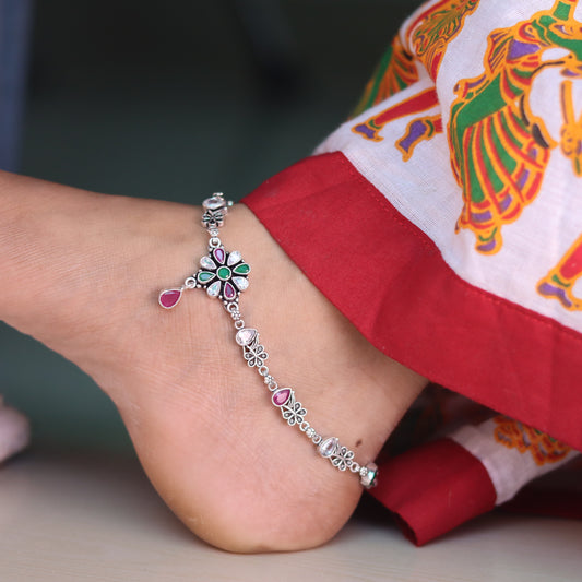 Heavy Stone-Studded Jaipuri Silver Payal for Women