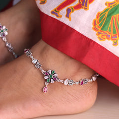 Heavy Stone-Studded Jaipuri Silver Payal for Women