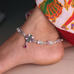 Heavy Stone-Studded Jaipuri Silver Payal for Women