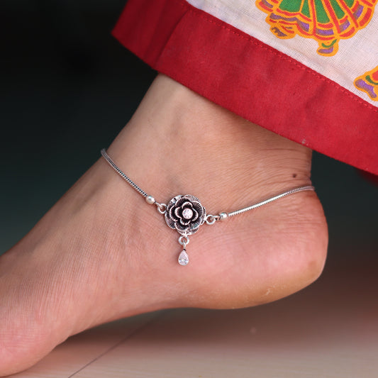 Vintage Flower Oxidized Silver Payal for Women