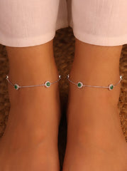 Green stone loop silver Payal for women