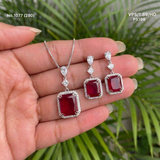 Red diamond block silver pendant set for women