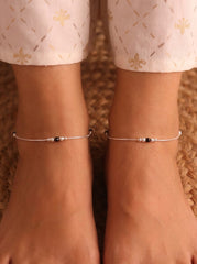 Black bead aura silver anklet for women