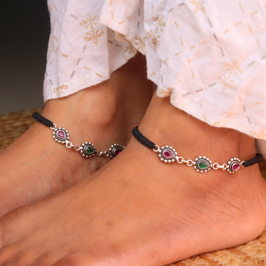 Radiant Drops Multi-Stone Black Thread Silver Payal for Women