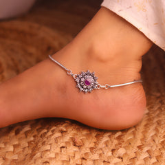 Floral crownshine silver anklet