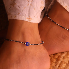 Trendy Silver Black Beads Payal with Evil Eye for Women