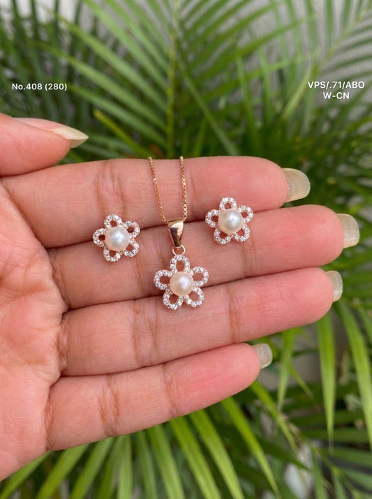 Pearl blossom silver pendant set for women