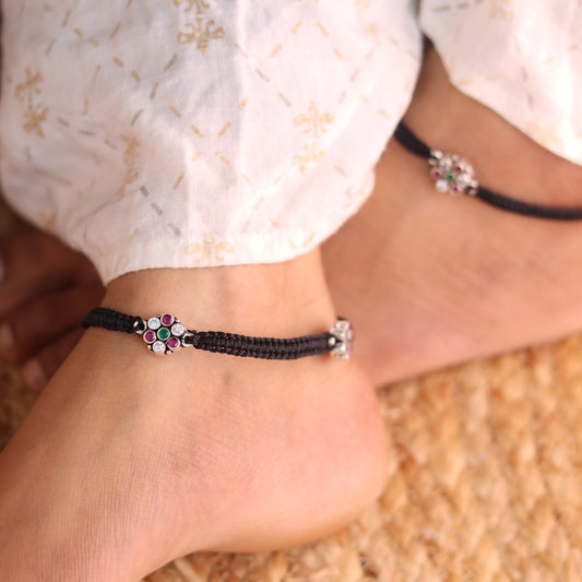 Charming Far Apart Flower Stone Silver Payal for Women