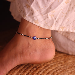 Trendy Silver Black Beads Payal with Evil Eye for Women