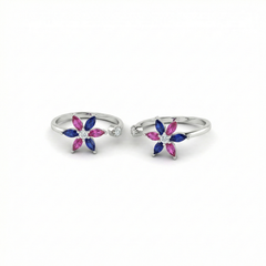 Pink-blue blossoms silver toerings for women