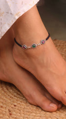 Radiant Drops Multi-Stone Black Thread Silver Payal for Women