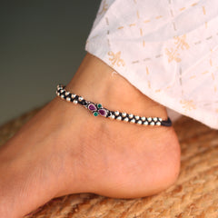 Silver Bead Dot Payal with Black Thread for Women