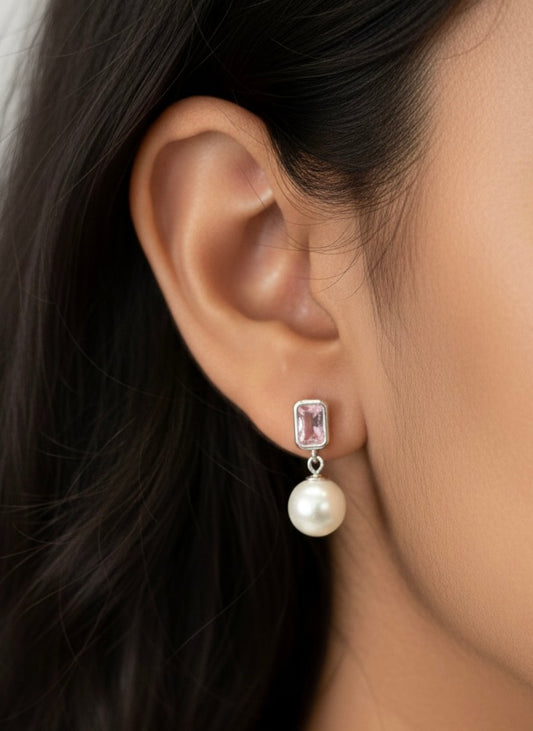 Pink aura pearl silver earrings