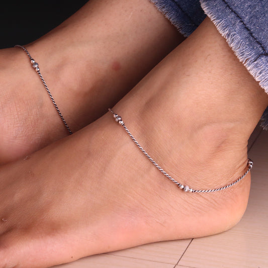 Slim Oxidised Silver Payal for Women
