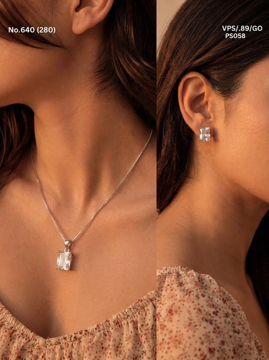 Diamond block silver pendant set for women