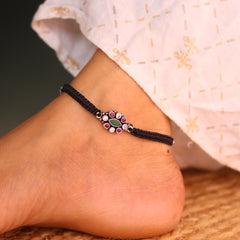 Classic Colourful Stone Silver Black Thread Payal for Women