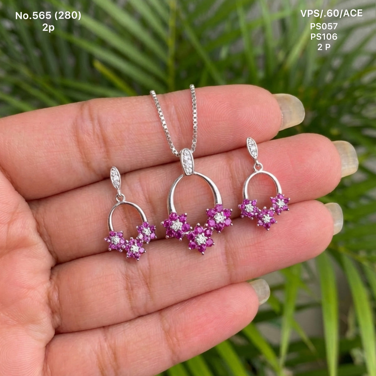 Pink charms silver pendant set for women