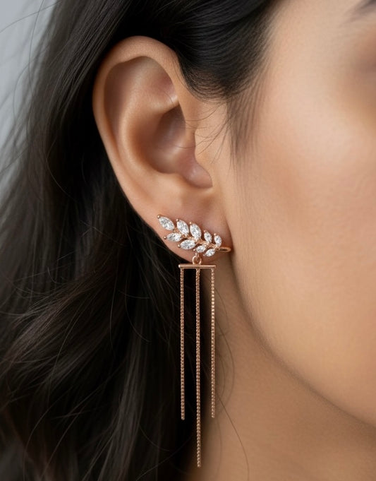 Linear leaf drop silver earrings