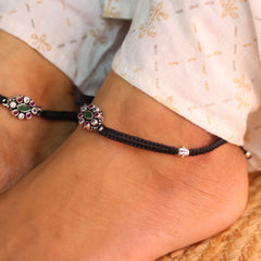 Classic Colourful Stone Silver Black Thread Payal for Women
