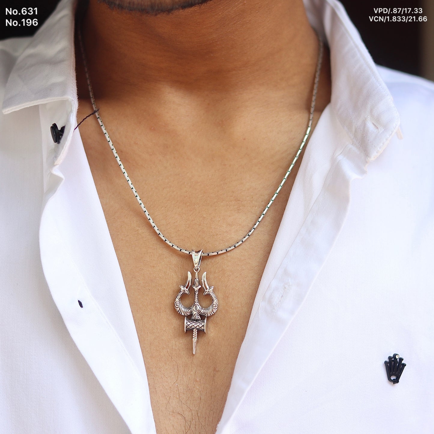 Divine Shiv Trishul & Damroo Pure Silver Pendant with  Chain for Mens