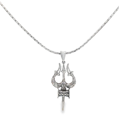 Divine Shiv Trishul & Damroo Pure Silver Pendant with  Chain for Mens