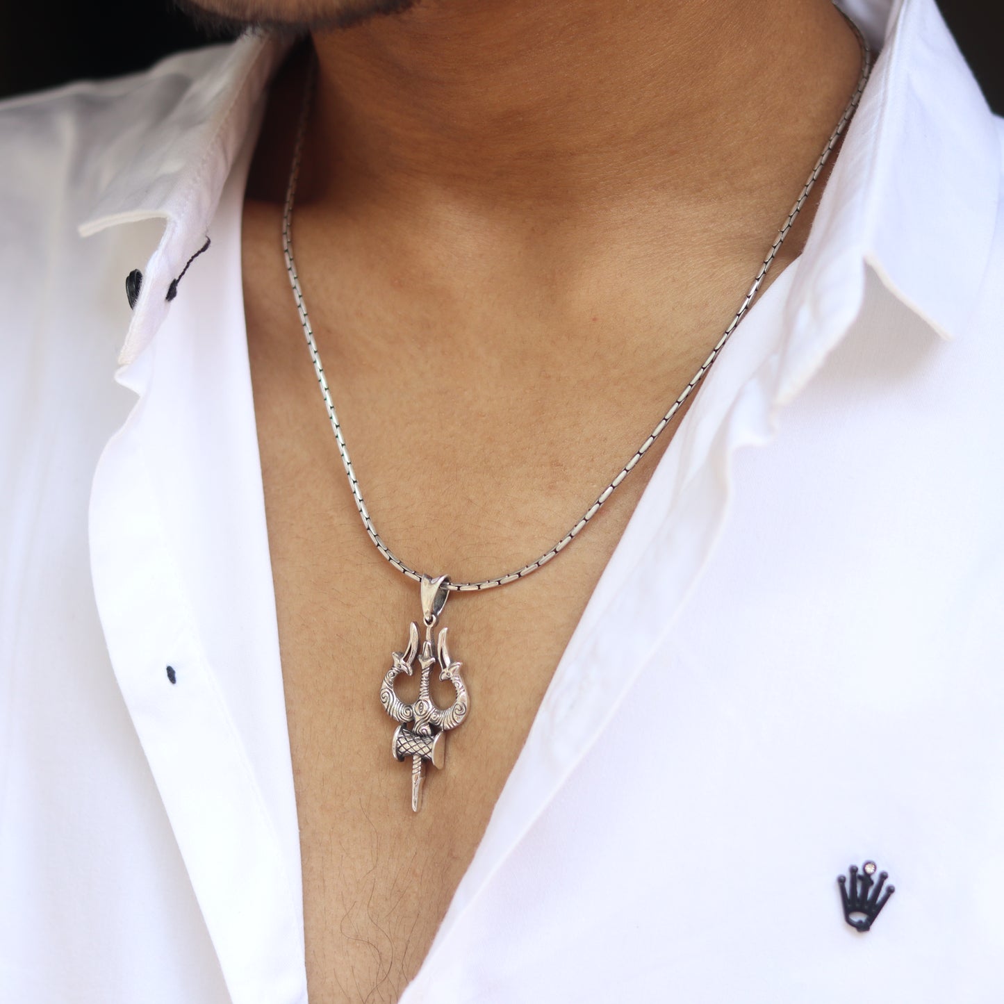 Divine Shiv Trishul & Damroo Pure Silver Pendant with  Chain for Mens