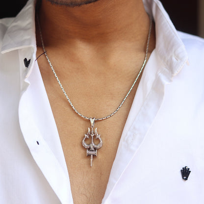 Divine Shiv Trishul & Damroo Pure Silver Pendant with  Chain for Mens