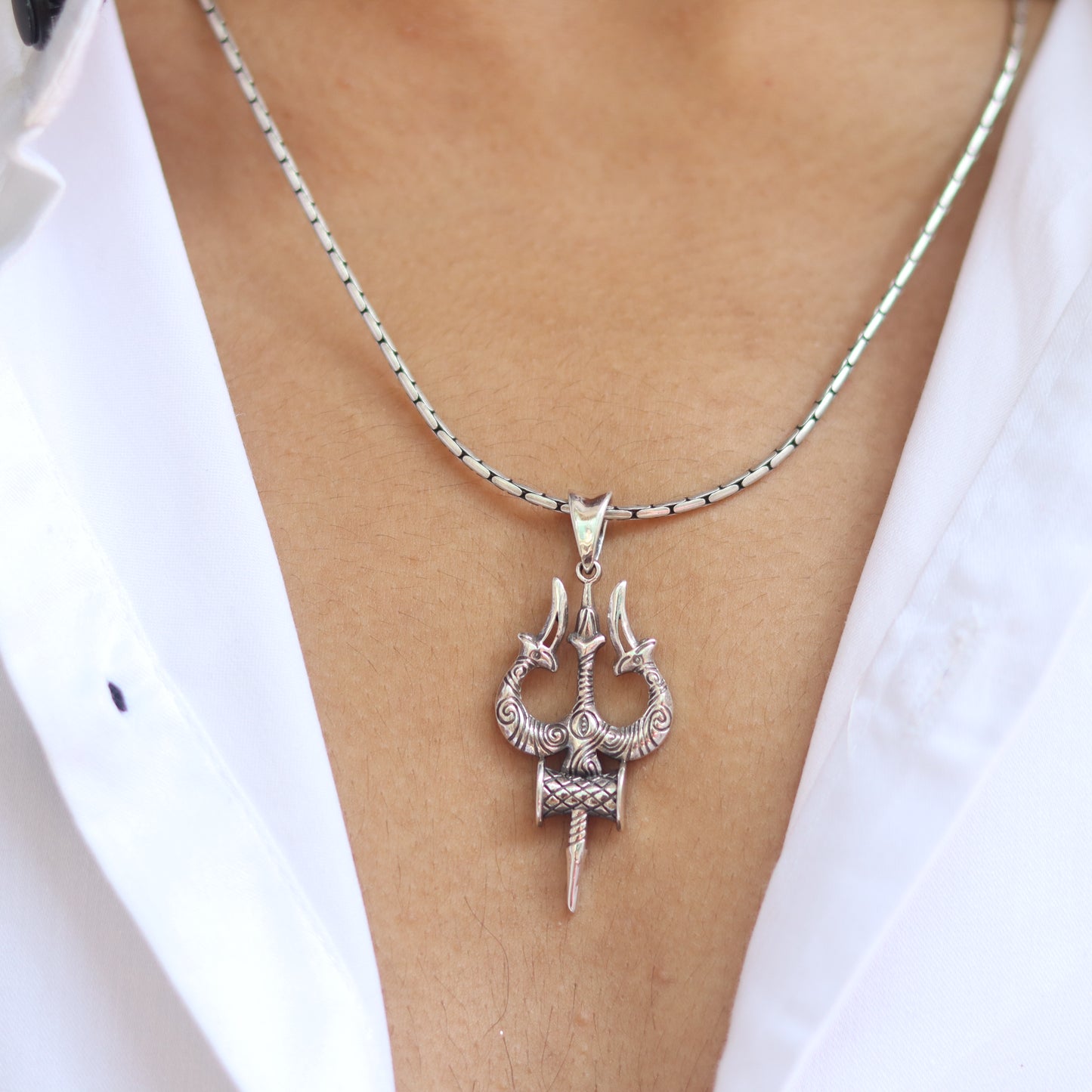 Divine Shiv Trishul & Damroo Pure Silver Pendant with  Chain for Mens