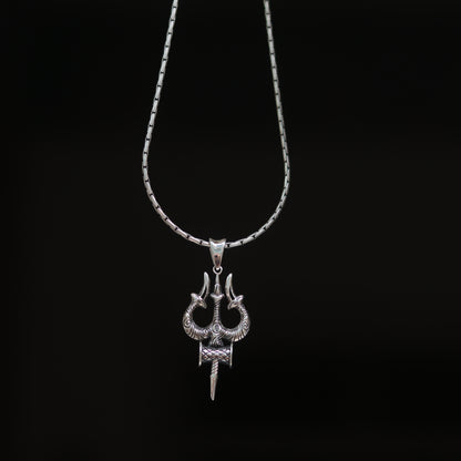 Divine Shiv Trishul & Damroo Pure Silver Pendant with  Chain for Mens