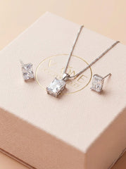 Diamond block silver pendant set for women