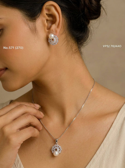 Diamond Pearl elegance silver pendant set for women