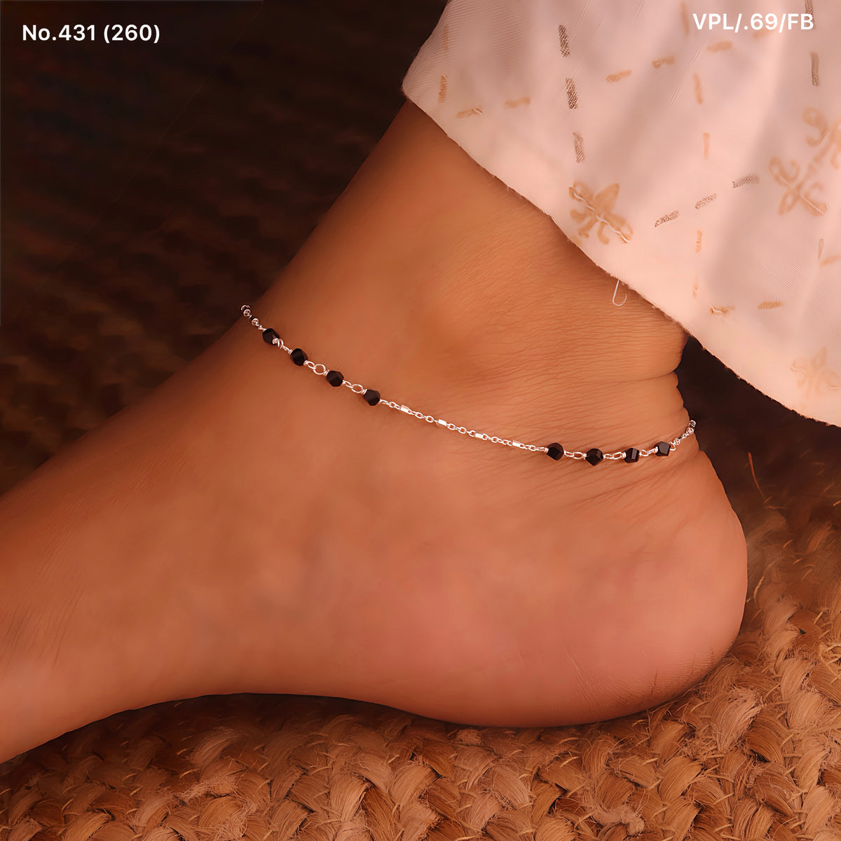 Royal black beads silver anklet for women