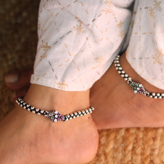 Radiant Silver Dots with Colour Stones Black Thread Payal for Women