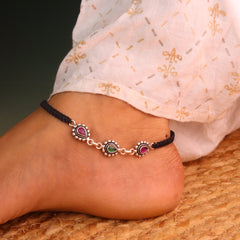 Radiant Drops Multi-Stone Black Thread Silver Payal for Women