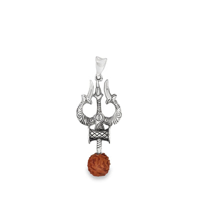 Spiritual Shiv Trishul & Damroo Silver Pendant with 5 Mukhi Rudraksha