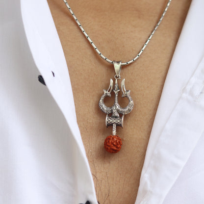 Spiritual Shiv Trishul & Damroo Silver Pendant with 5 Mukhi Rudraksha