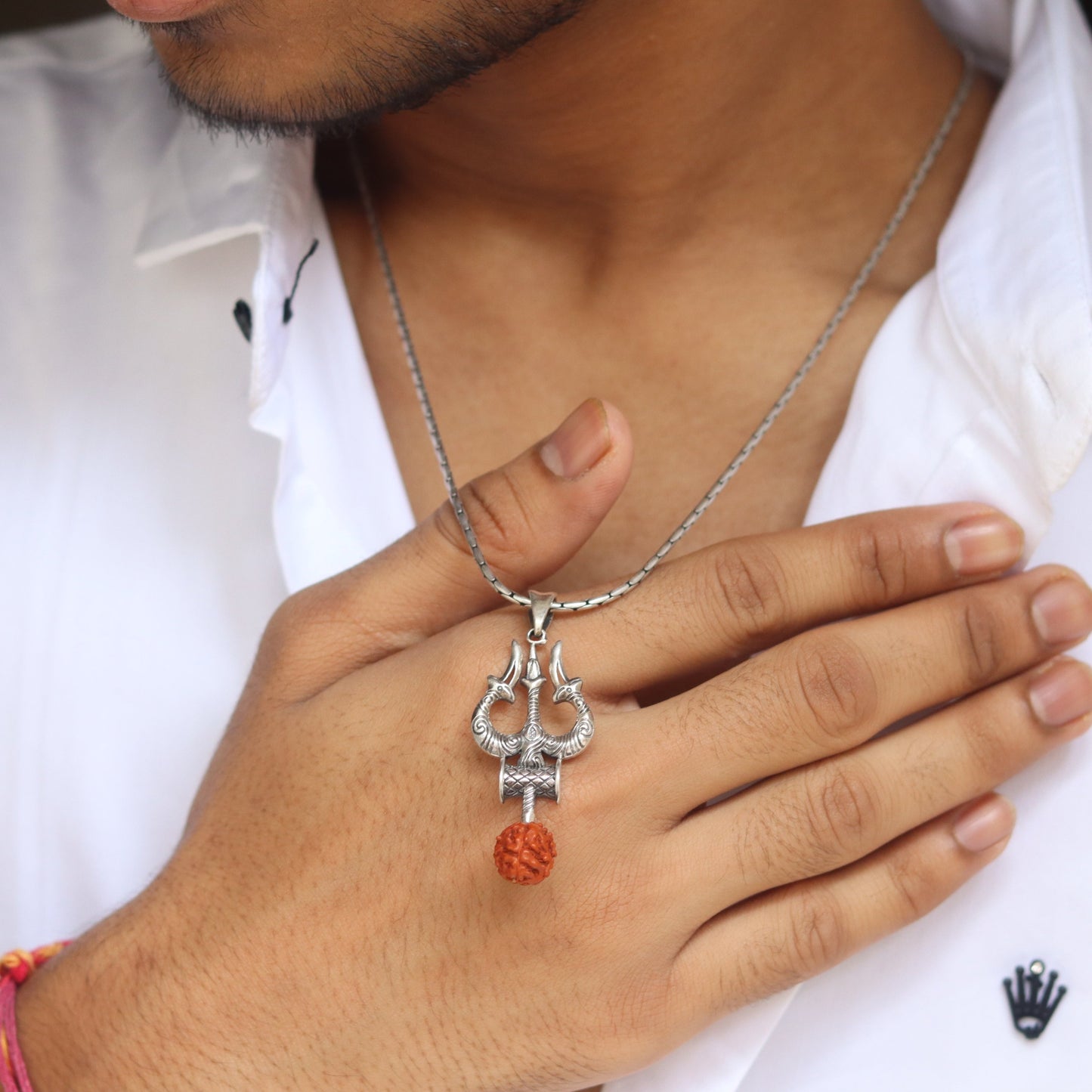 Spiritual Shiv Trishul & Damroo Silver Pendant with 5 Mukhi Rudraksha