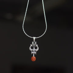 Spiritual Shiv Trishul & Damroo Silver Pendant with 5 Mukhi Rudraksha