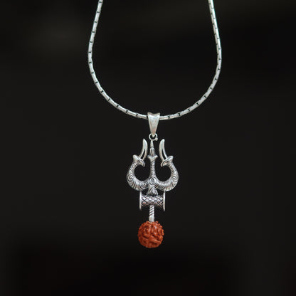 Spiritual Shiv Trishul & Damroo Silver Pendant with 5 Mukhi Rudraksha