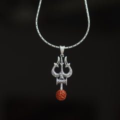 Spiritual Shiv Trishul & Damroo Silver Pendant with 5 Mukhi Rudraksha