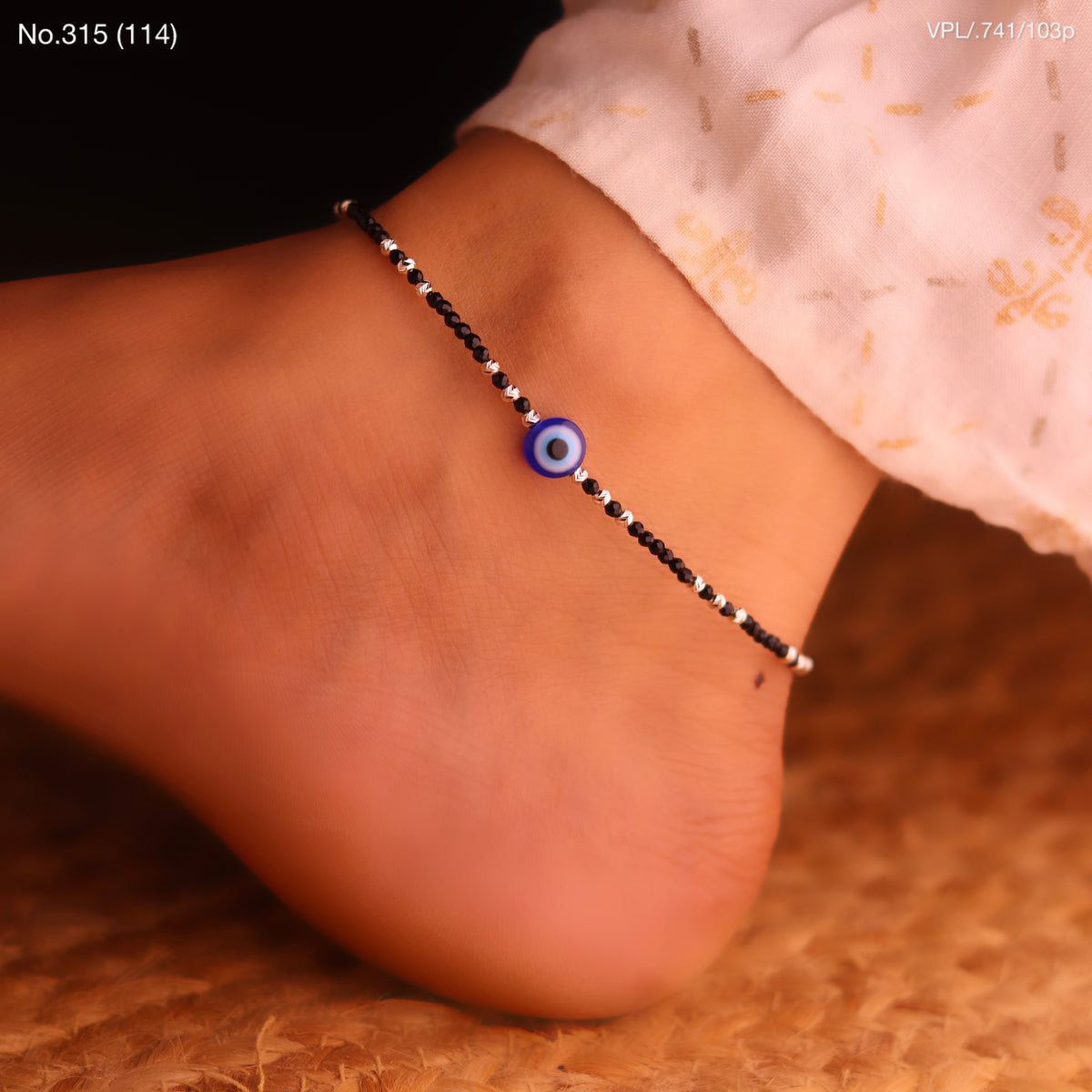 Trendy Silver Black Beads Payal with Evil Eye for Women