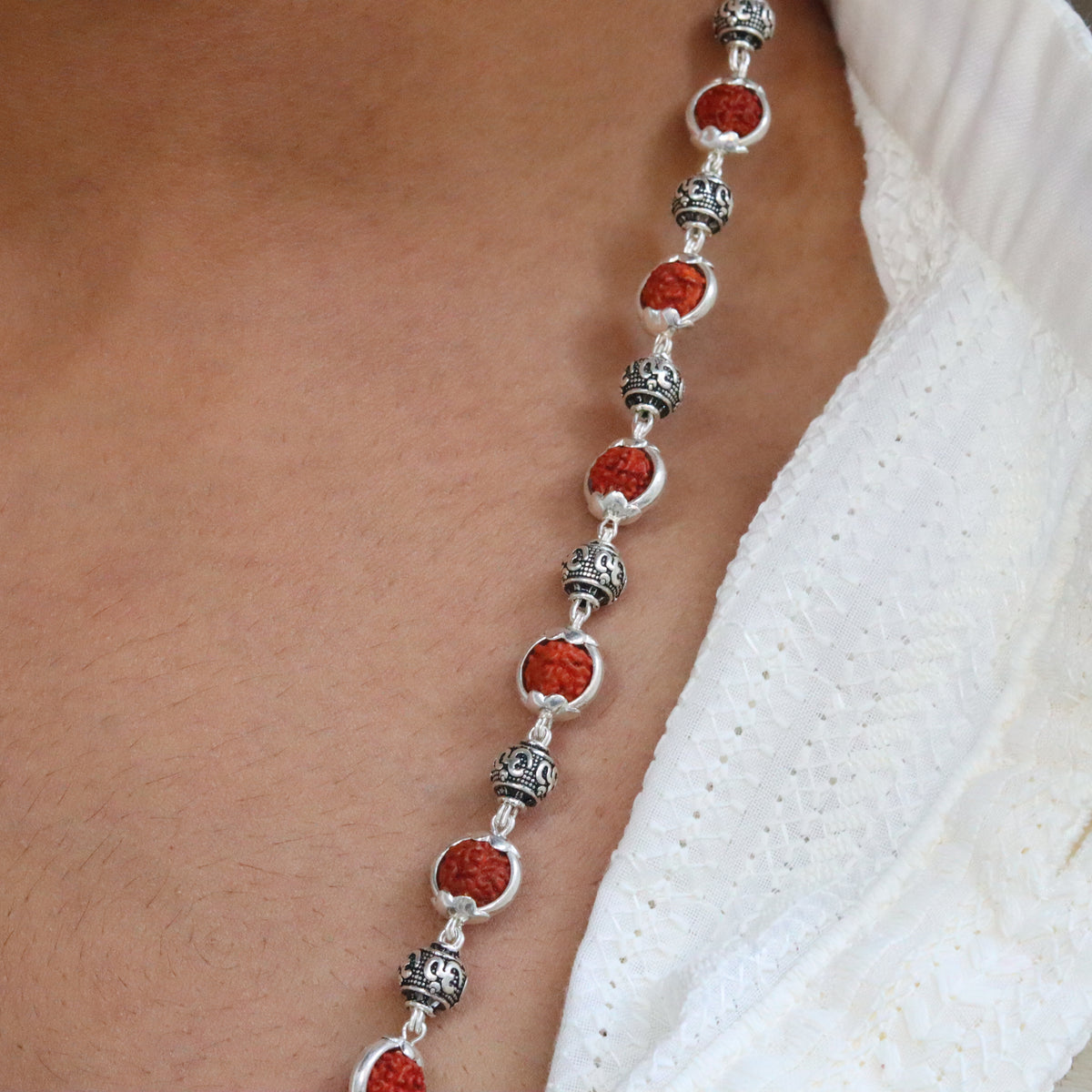 Silver Om Beads Capping Rudraksha Mala