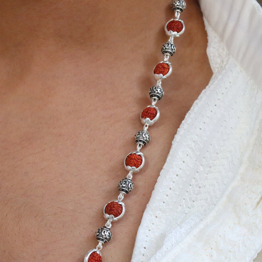 Silver Om Beads Capping Rudraksha Mala