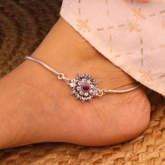 Floral crownshine silver anklet