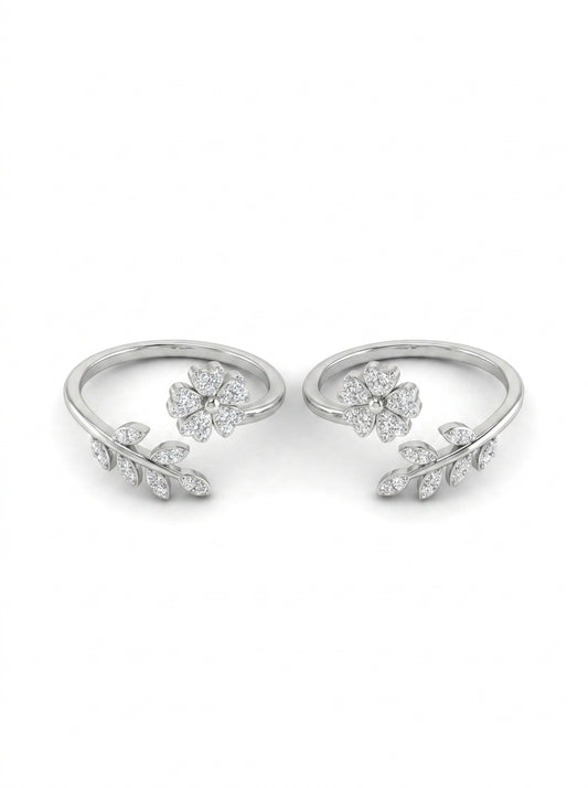 Leaf bloom shine silver toerings for women